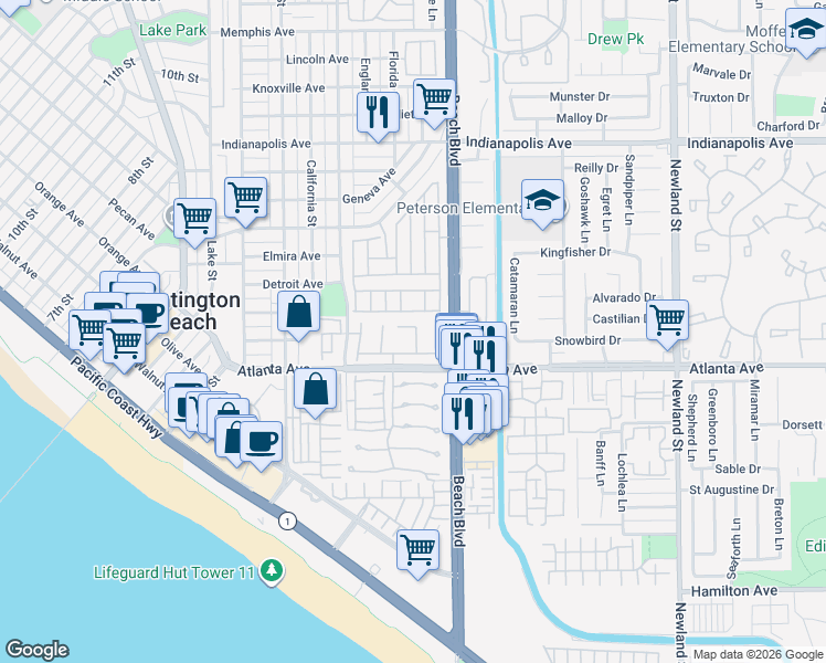 map of restaurants, bars, coffee shops, grocery stores, and more near 20927 Shellfish Lane in Huntington Beach