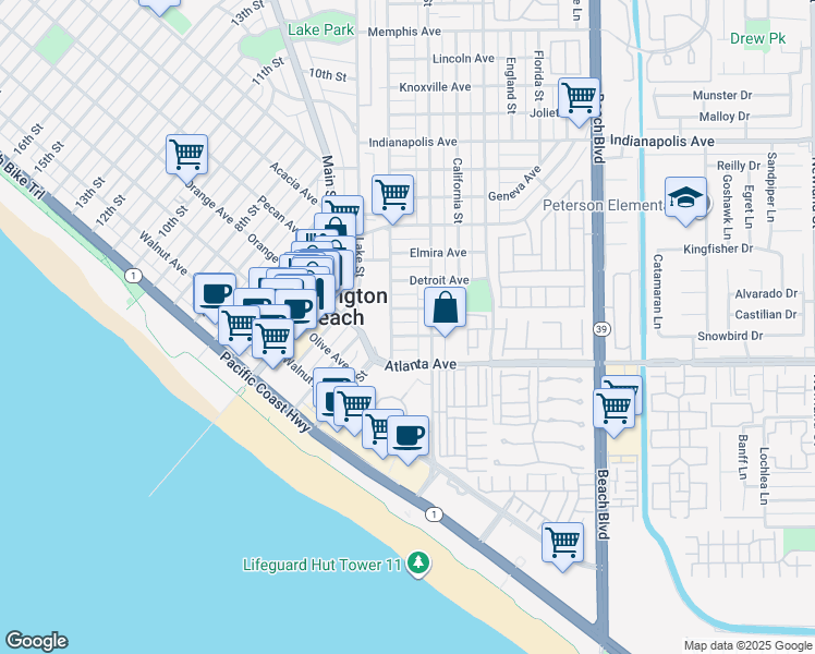 map of restaurants, bars, coffee shops, grocery stores, and more near 210 Baltimore Avenue in Huntington Beach