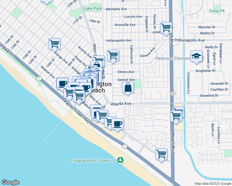 map of restaurants, bars, coffee shops, grocery stores, and more near 210 Baltimore Avenue in Huntington Beach