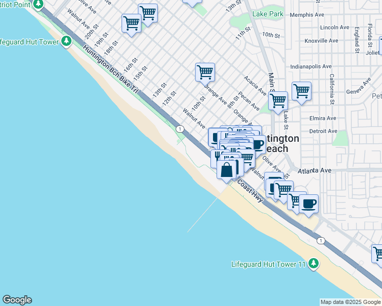 map of restaurants, bars, coffee shops, grocery stores, and more near Huntington Beach Bike Trail in Huntington Beach