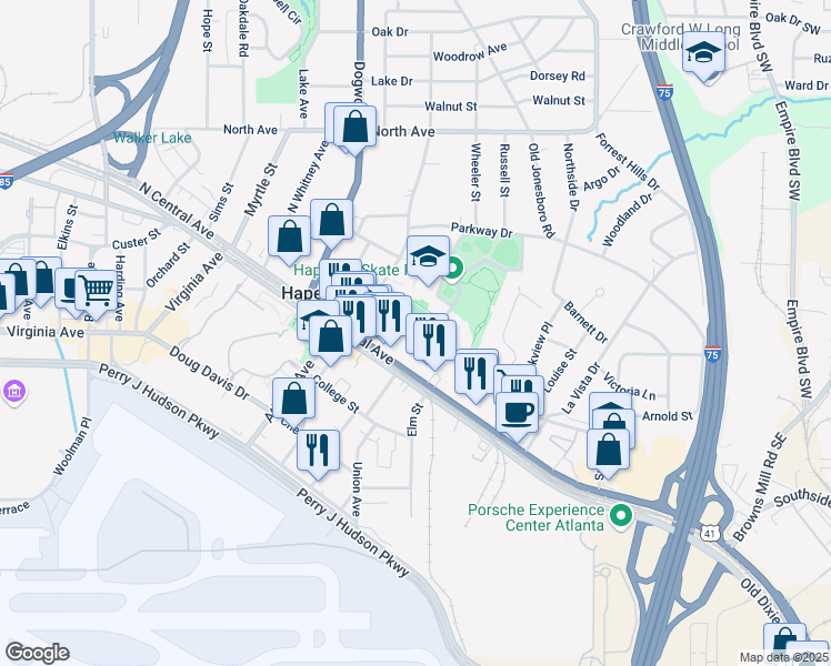 map of restaurants, bars, coffee shops, grocery stores, and more near 540 King Arnold Street in Atlanta