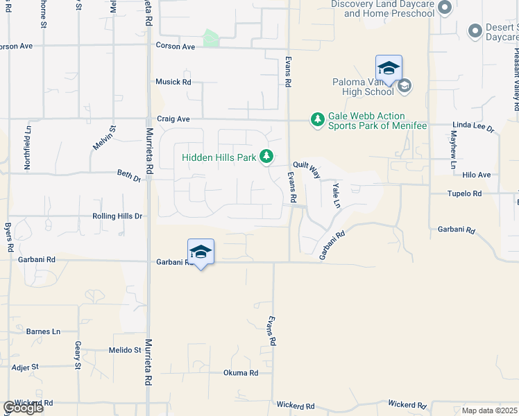 map of restaurants, bars, coffee shops, grocery stores, and more near 26400 Mallory Court in Menifee