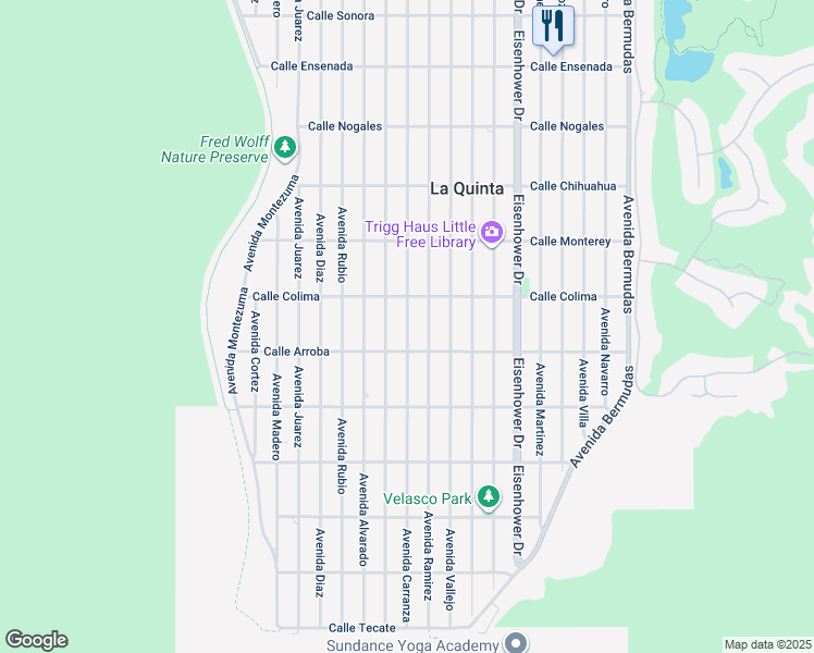map of restaurants, bars, coffee shops, grocery stores, and more near 53630 Avenue Carranza in La Quinta