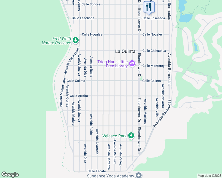 map of restaurants, bars, coffee shops, grocery stores, and more near 53630 Avenue Carranza in La Quinta