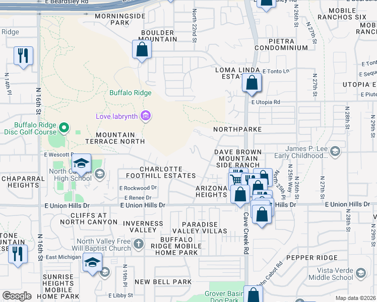 map of restaurants, bars, coffee shops, grocery stores, and more near 18802 North 22nd Street in Phoenix