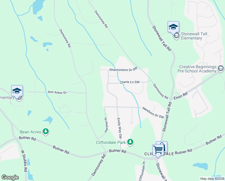 map of restaurants, bars, coffee shops, grocery stores, and more near 3570 Emily Way Southwest in Atlanta