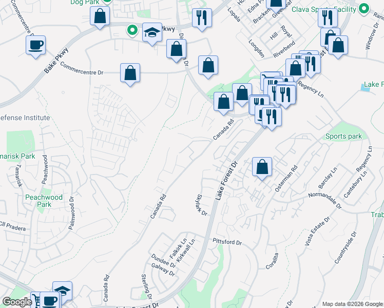 map of restaurants, bars, coffee shops, grocery stores, and more near 20921 Serrano Creek Road in Lake Forest