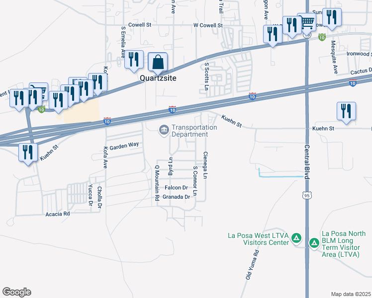 map of restaurants, bars, coffee shops, grocery stores, and more near Bonanza Drive in Quartzsite