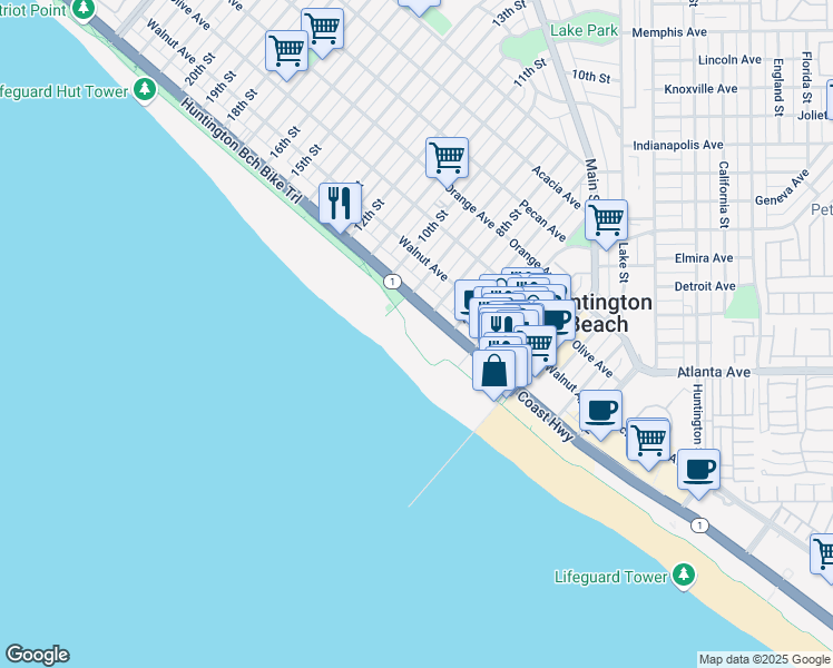 map of restaurants, bars, coffee shops, grocery stores, and more near Huntington Beach Bike Trail in Huntington Beach