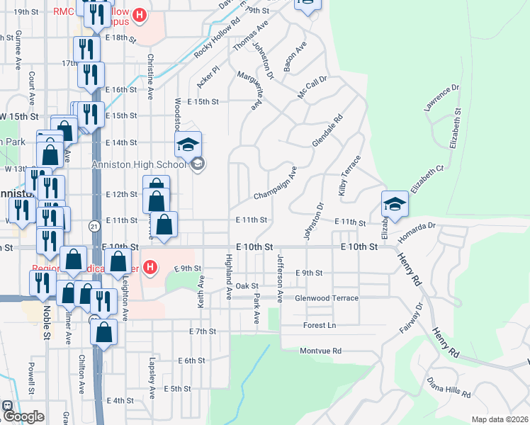 map of restaurants, bars, coffee shops, grocery stores, and more near 1100 Calhoun Place in Anniston