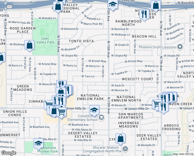 map of restaurants, bars, coffee shops, grocery stores, and more near 1548 West Wescott Drive in Phoenix