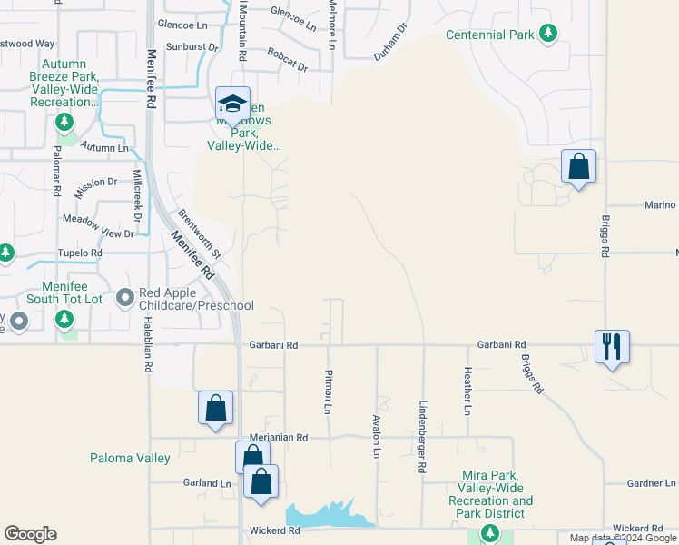 map of restaurants, bars, coffee shops, grocery stores, and more near Leeanne Lane in Menifee