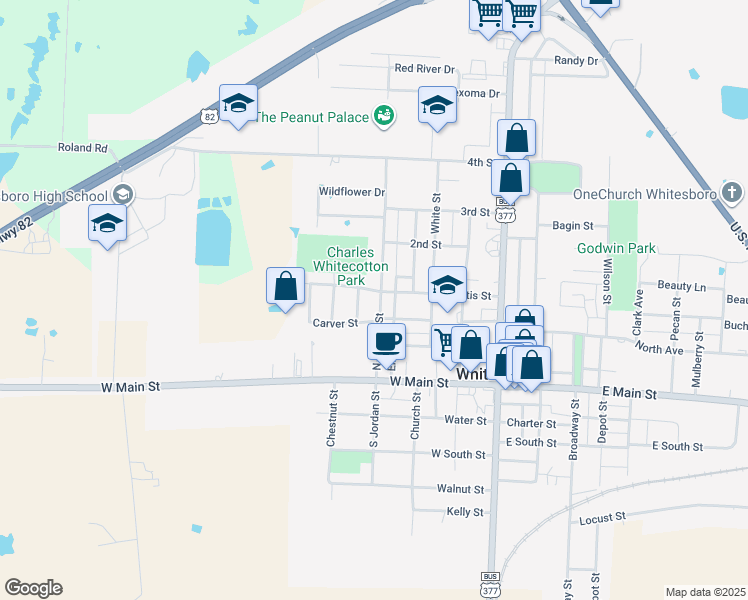 map of restaurants, bars, coffee shops, grocery stores, and more near 305 North Jordan Street in Whitesboro