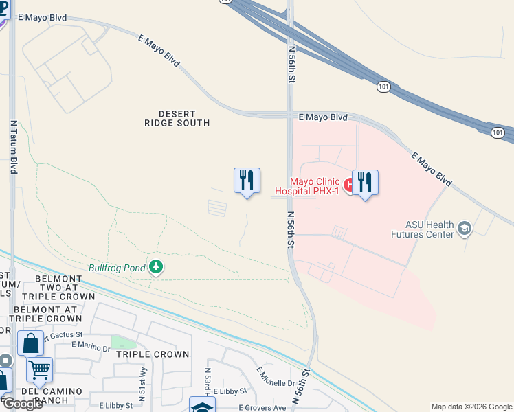 map of restaurants, bars, coffee shops, grocery stores, and more near 18850 North 56th Street in Phoenix