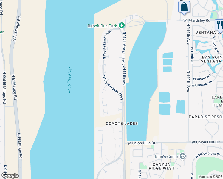 map of restaurants, bars, coffee shops, grocery stores, and more near 19202 North Coyote Lakes Parkway in Surprise