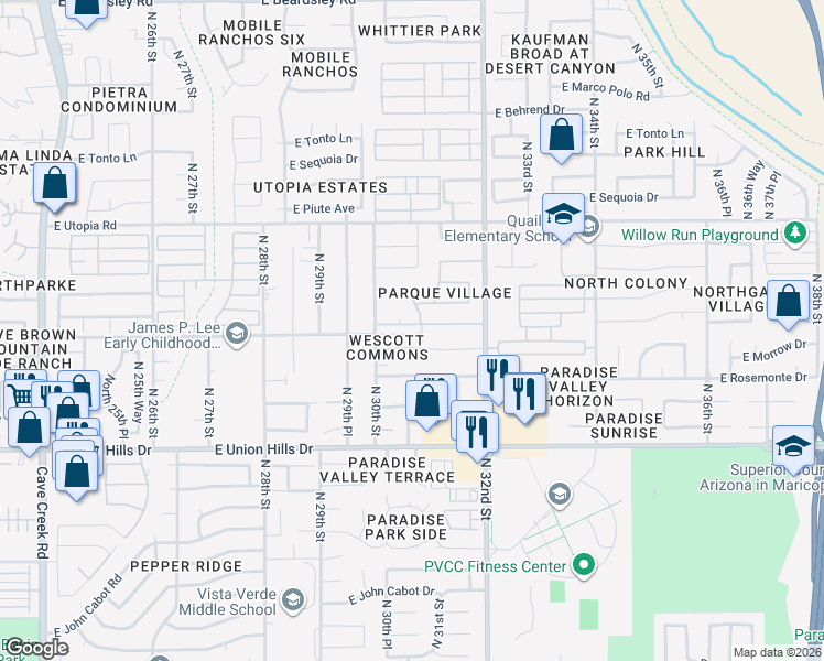 map of restaurants, bars, coffee shops, grocery stores, and more near 3020 East Wescott Drive in Phoenix