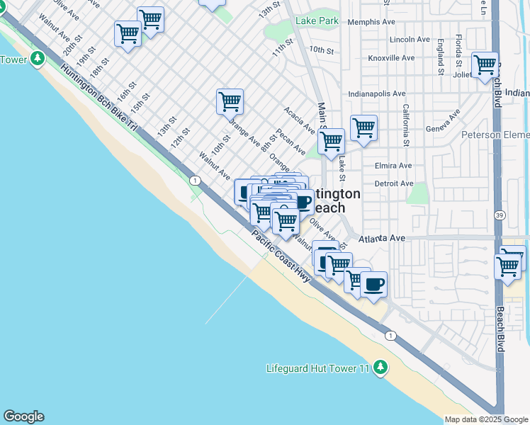 map of restaurants, bars, coffee shops, grocery stores, and more near 517 Walnut Avenue in Huntington Beach