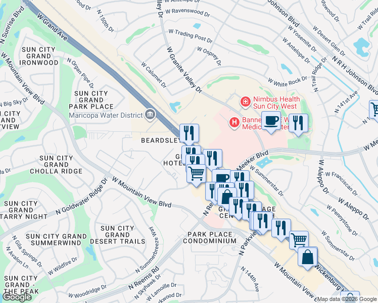 map of restaurants, bars, coffee shops, grocery stores, and more near 14799 West Grand Avenue in Surprise
