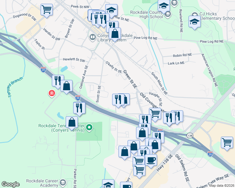 map of restaurants, bars, coffee shops, grocery stores, and more near 997 Highland Circle Southeast in Conyers