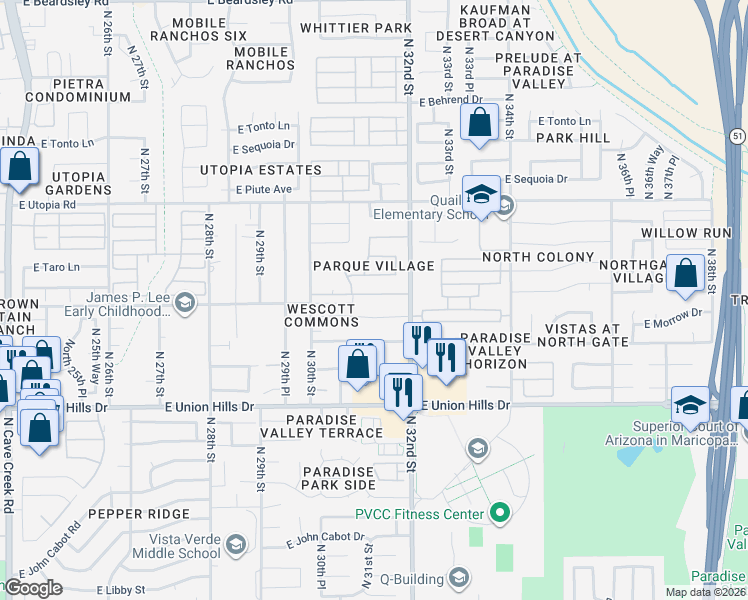 map of restaurants, bars, coffee shops, grocery stores, and more near 3104 East Wescott Drive in Phoenix