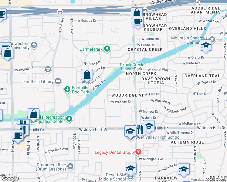 map of restaurants, bars, coffee shops, grocery stores, and more near 5214 West Taro Lane in Glendale
