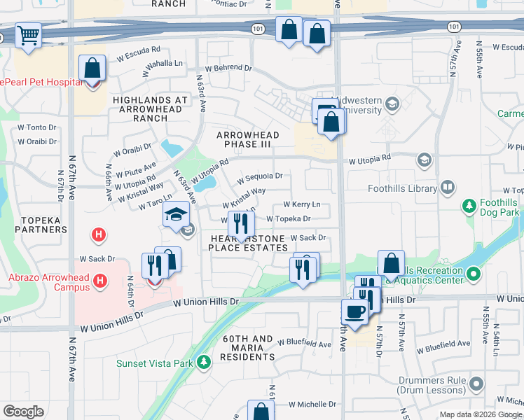 map of restaurants, bars, coffee shops, grocery stores, and more near 19204 North 61st Avenue in Glendale