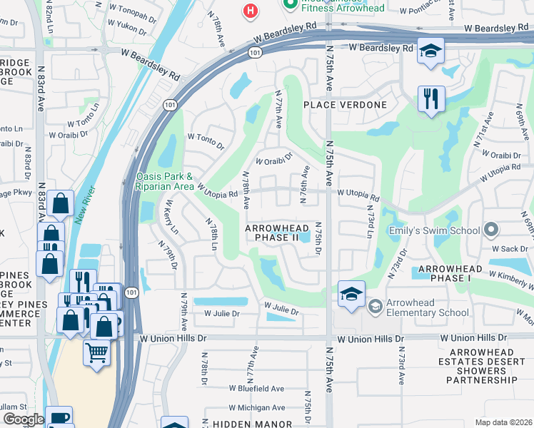 map of restaurants, bars, coffee shops, grocery stores, and more near 7585 West Kerry Way in Glendale