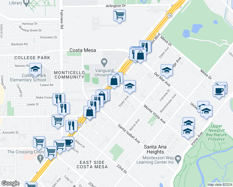 map of restaurants, bars, coffee shops, grocery stores, and more near 2458 Newport Boulevard in Costa Mesa