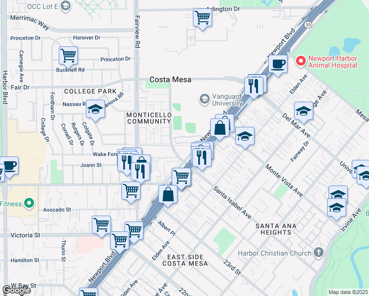 map of restaurants, bars, coffee shops, grocery stores, and more near 2250 Vanguard Way in Costa Mesa