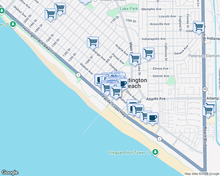 map of restaurants, bars, coffee shops, grocery stores, and more near 141 5th Street in Huntington Beach