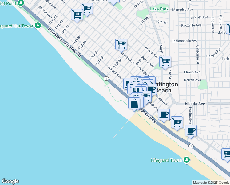 map of restaurants, bars, coffee shops, grocery stores, and more near in Huntington Beach