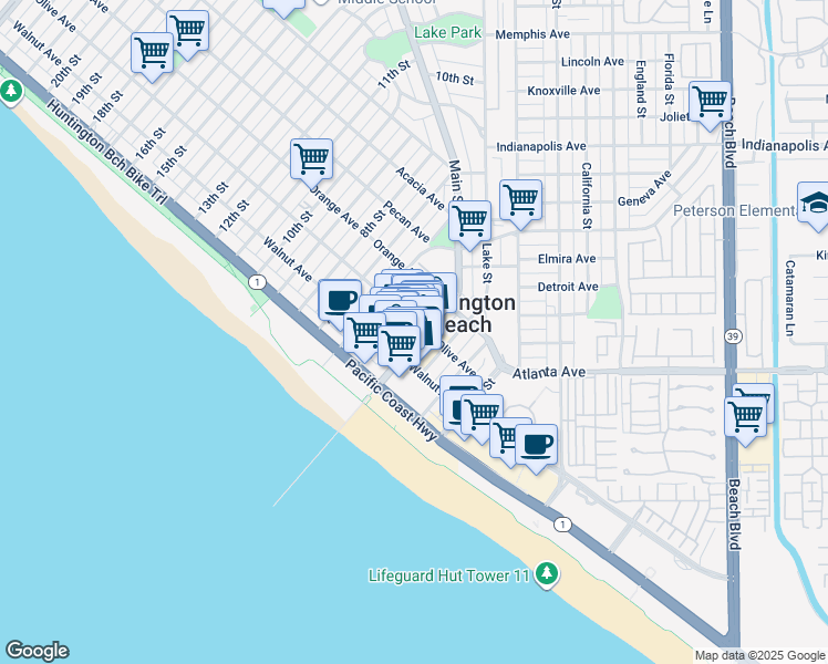 map of restaurants, bars, coffee shops, grocery stores, and more near 230 Main Street in Huntington Beach
