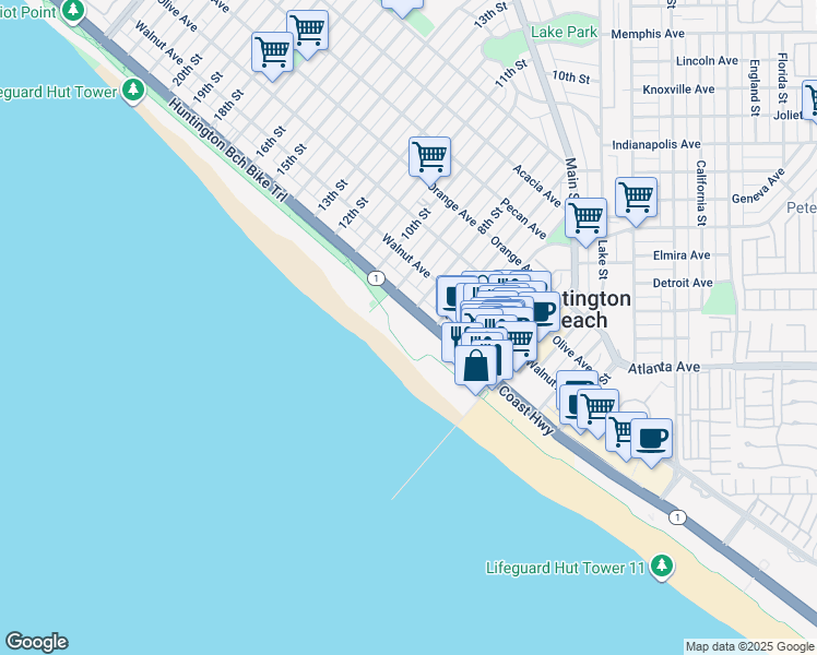 map of restaurants, bars, coffee shops, grocery stores, and more near 711 California 1 in Huntington Beach