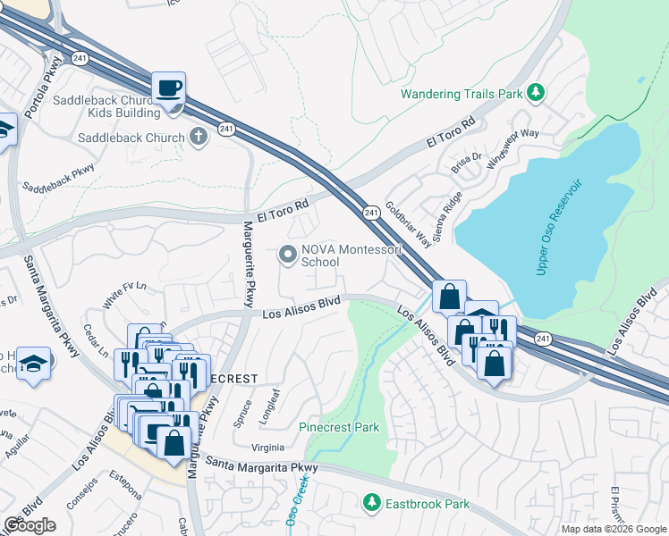 map of restaurants, bars, coffee shops, grocery stores, and more near 229 Valley View Terrace in Mission Viejo