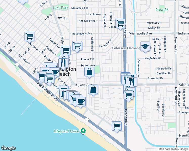 map of restaurants, bars, coffee shops, grocery stores, and more near 7648 Bay Drive in Huntington Beach