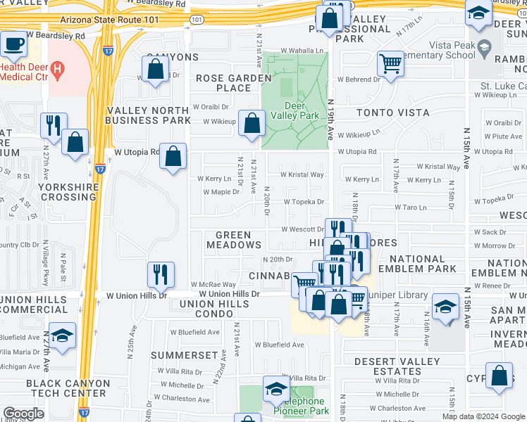 map of restaurants, bars, coffee shops, grocery stores, and more near 19024 North 20th Drive in Phoenix