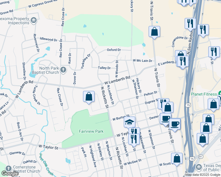 map of restaurants, bars, coffee shops, grocery stores, and more near 2413 Lockhart Street in Sherman