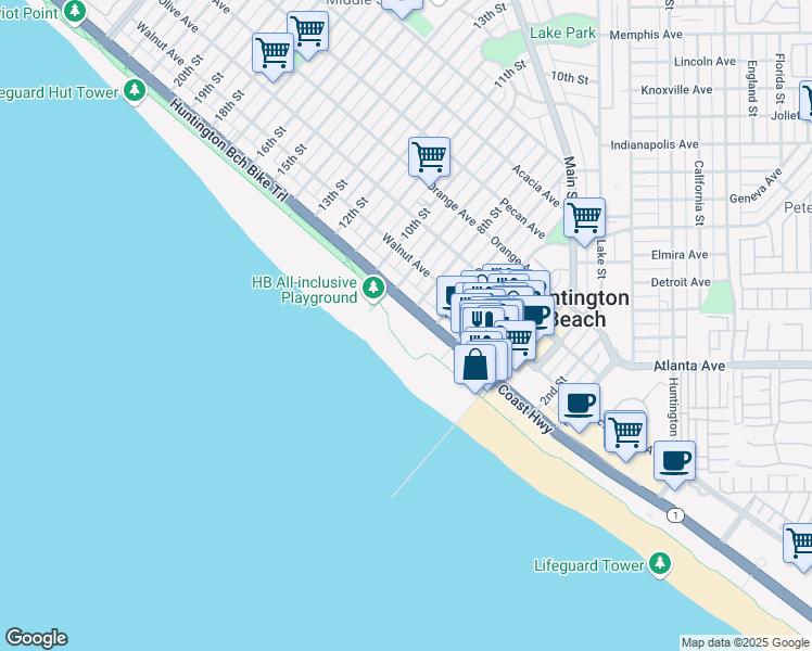 map of restaurants, bars, coffee shops, grocery stores, and more near 711 Pacific Coast Highway in Huntington Beach