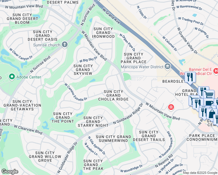 map of restaurants, bars, coffee shops, grocery stores, and more near 15243 West Camino Estrella Drive in Surprise