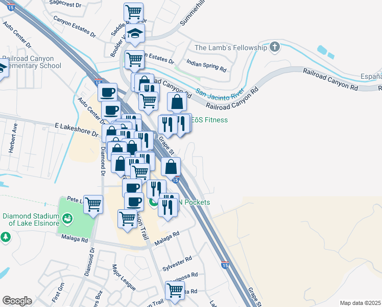 map of restaurants, bars, coffee shops, grocery stores, and more near 15427 Park Point Avenue in Lake Elsinore