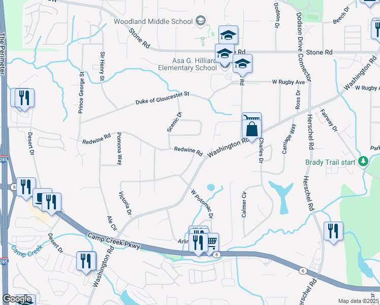 map of restaurants, bars, coffee shops, grocery stores, and more near 3560 Potomac Terrace in East Point