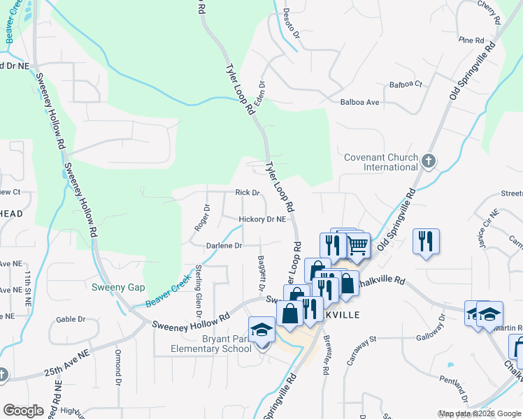 map of restaurants, bars, coffee shops, grocery stores, and more near 5189 Rick Drive in Pinson