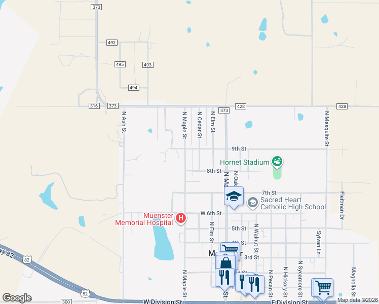 map of restaurants, bars, coffee shops, grocery stores, and more near 927 North Maple Street in Muenster