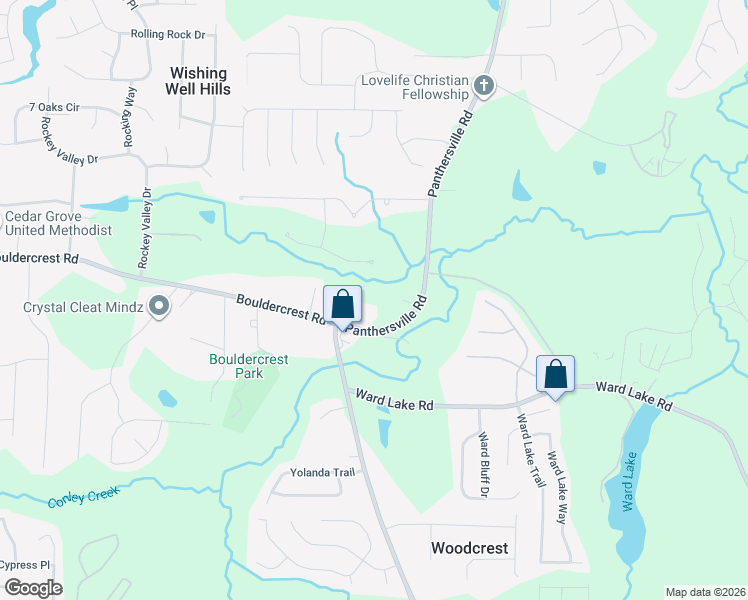 map of restaurants, bars, coffee shops, grocery stores, and more near 4271 Panthersville Road in Ellenwood