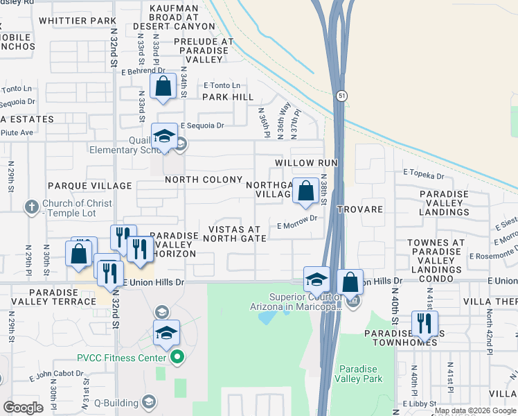map of restaurants, bars, coffee shops, grocery stores, and more near 18832 North 36th Street in Phoenix