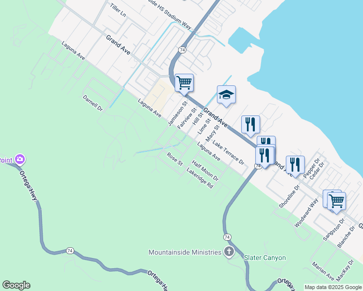 map of restaurants, bars, coffee shops, grocery stores, and more near 15515 Shadow Mountain Lane in Lake Elsinore