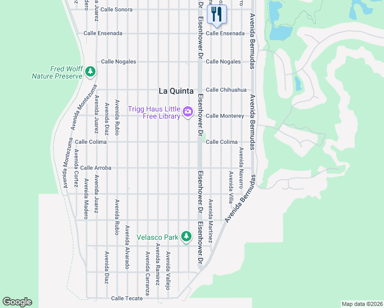 map of restaurants, bars, coffee shops, grocery stores, and more near 53620 Avenue Velasco in La Quinta