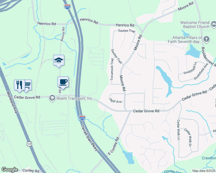 map of restaurants, bars, coffee shops, grocery stores, and more near 1709 Natchez Trail in Conley