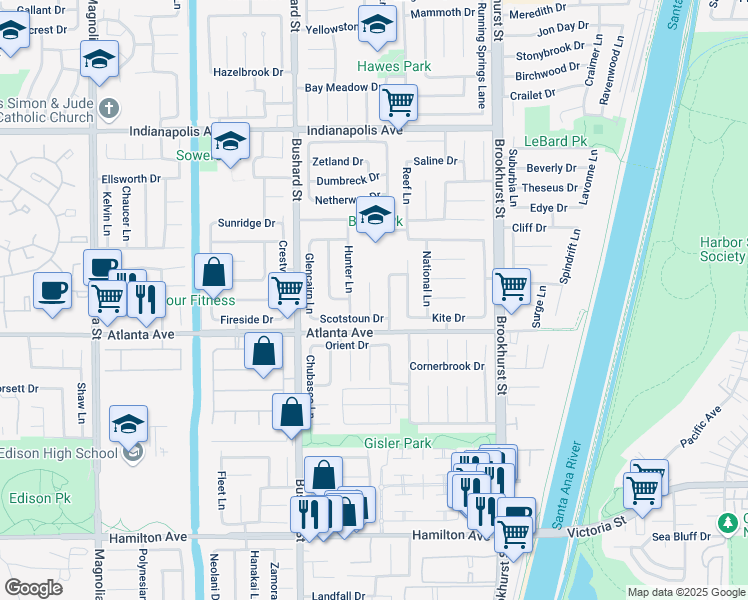 map of restaurants, bars, coffee shops, grocery stores, and more near 20902 Balgair Circle in Huntington Beach