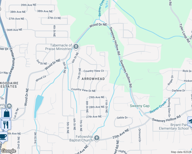 map of restaurants, bars, coffee shops, grocery stores, and more near 2835 Creek Lane Northeast in Birmingham